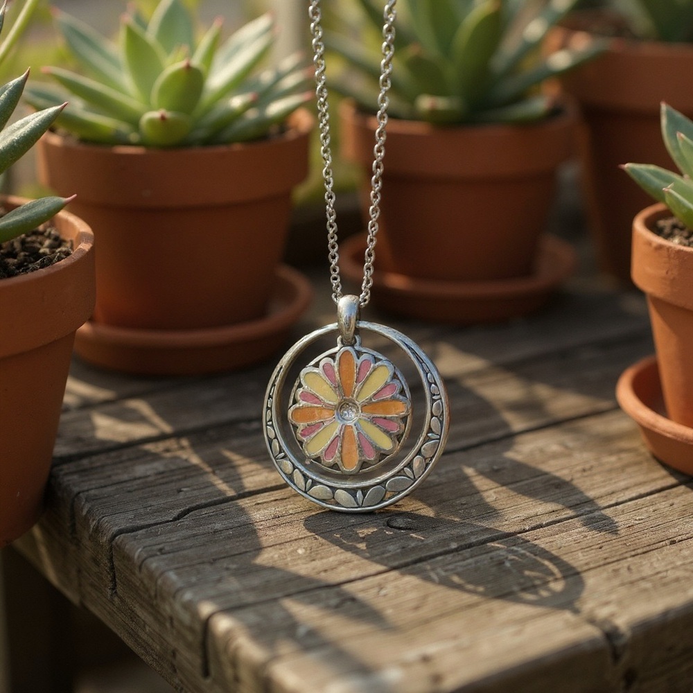 Brighton vintage sunflower yellow orange and silver reversible necklace